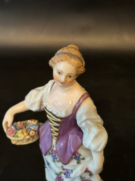 German Meissen Porcelain Figurine of Lady with Basket of Flowers. 5 1/4"