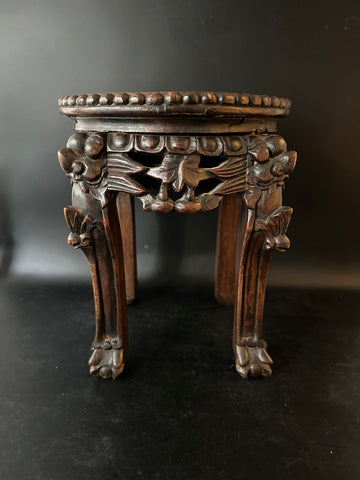 Small Chinese Carved Wood Stand with Marble Top. Circa 1900. 9 1/2" Height