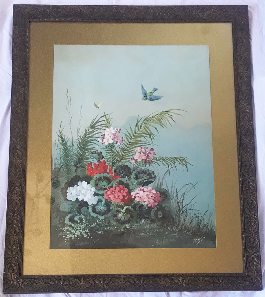 Joseph Chabert (1831-1894) Original Gouache of Flowers with Butterfly. French