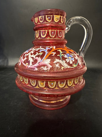 Moser Enameled Cranberry Glass Pitcher. Circa 1900. 6 1/4" H.