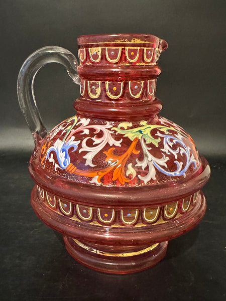 Moser Enameled Cranberry Glass Pitcher. Circa 1900. 6 1/4" H.