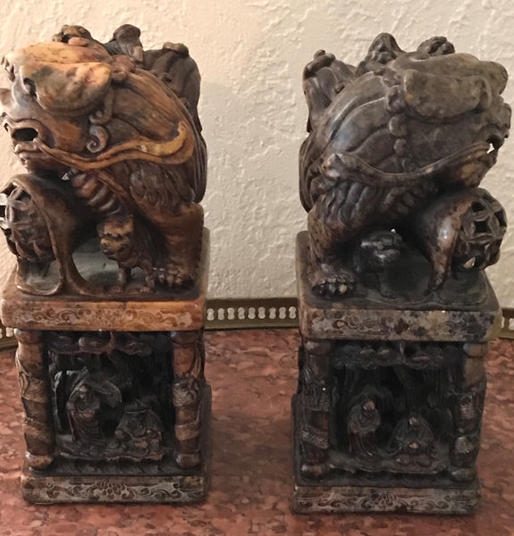 Pair of Chinese Carved Hardstone Seal Chop Foo Dogs. 9" height