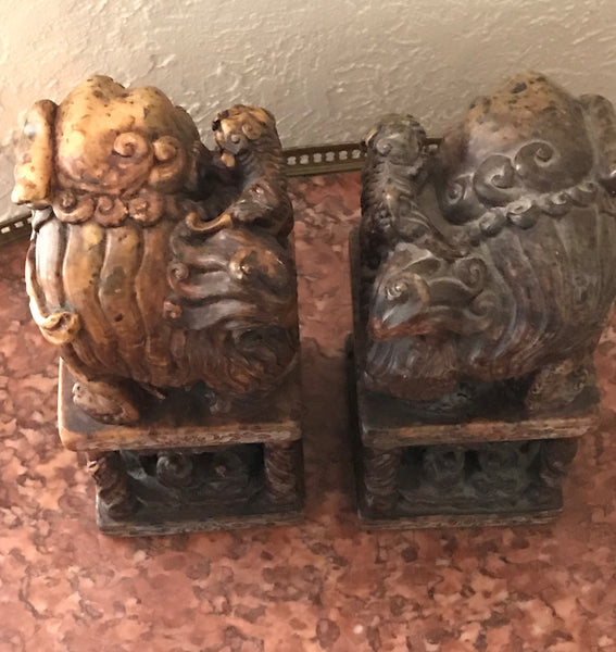 Pair of Chinese Carved Hardstone Seal Chop Foo Dogs. 9" height