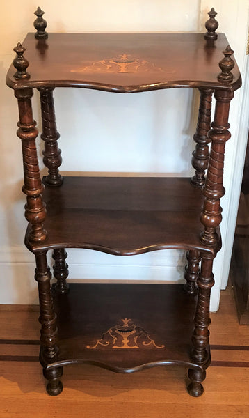 Three Shelf Victorian Etegere. Dark Walnut Inlaid with Satinwood. Circa 1900