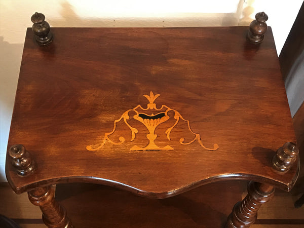 Three Shelf Victorian Etegere. Dark Walnut Inlaid with Satinwood. Circa 1900