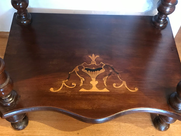 Three Shelf Victorian Etegere. Dark Walnut Inlaid with Satinwood. Circa 1900