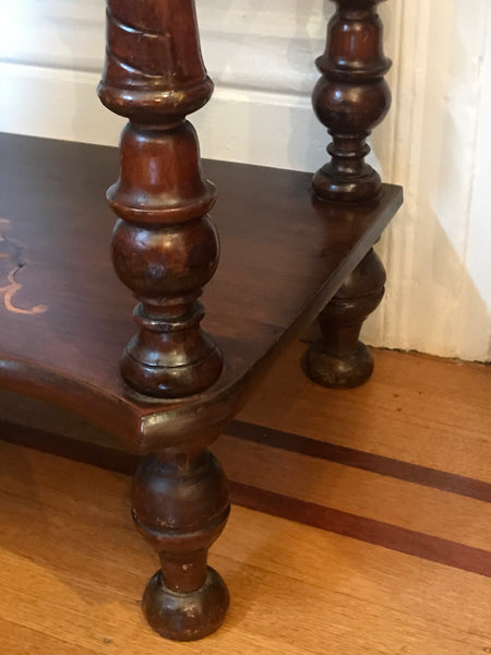 Three Shelf Victorian Etegere. Dark Walnut Inlaid with Satinwood. Circa 1900