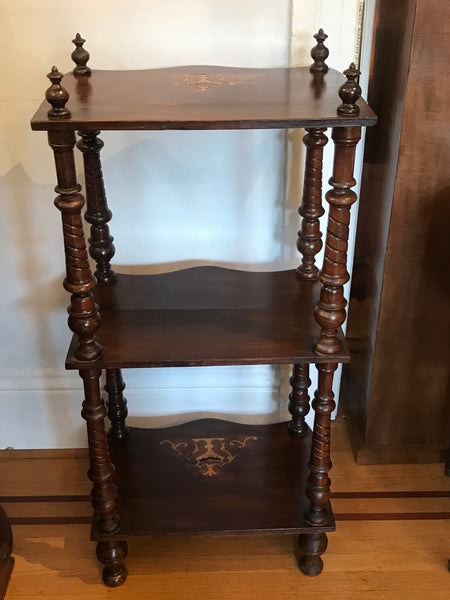 Three Shelf Victorian Etegere. Dark Walnut Inlaid with Satinwood. Circa 1900