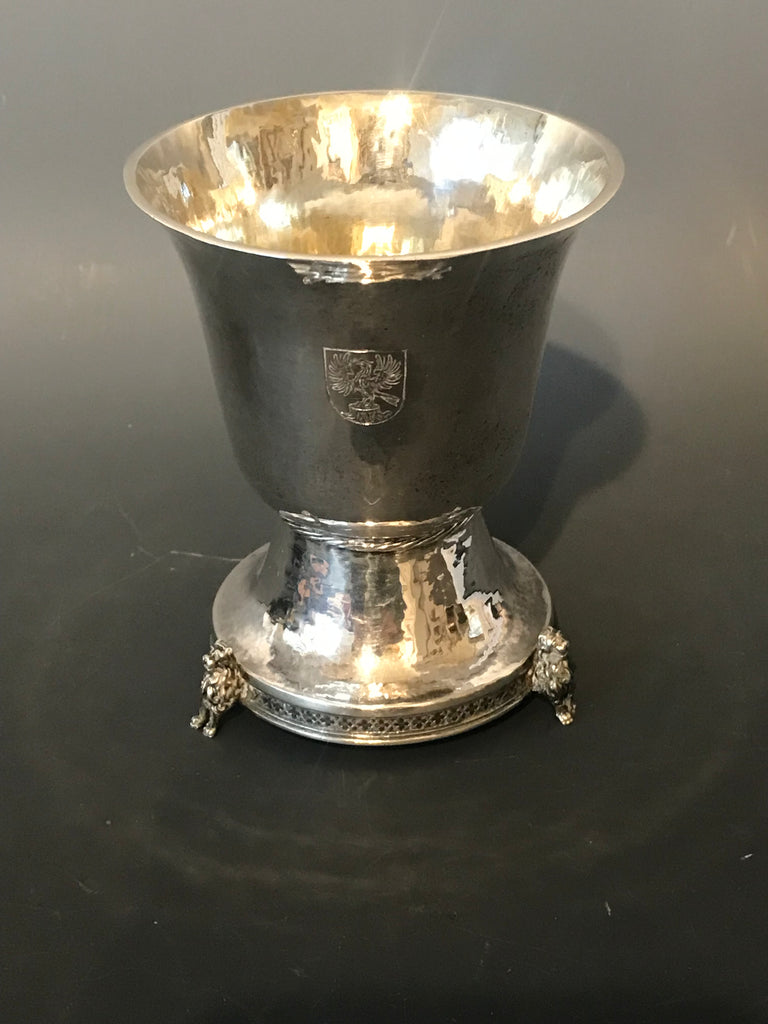 Footed Cup. Swiss 800 Silver Marked Bossard. Figural Lion Feet. Hammered. 4" H