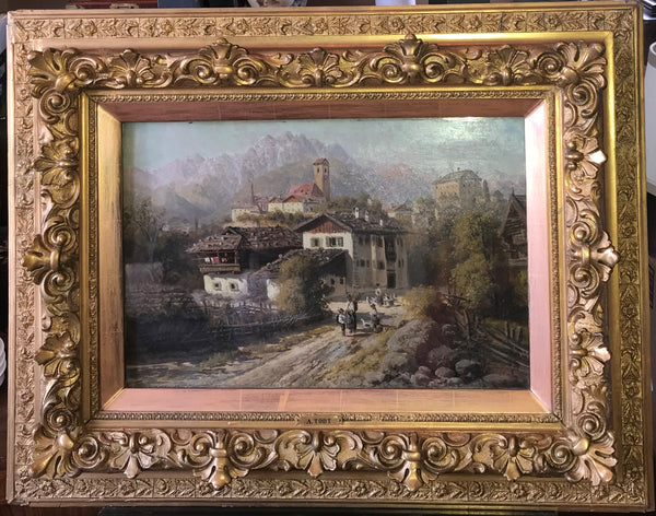 Original Oil Painting on Board. European Village 19th Century.