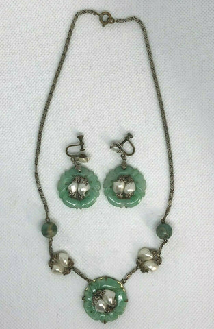 Chinese Jade, Baroque Pearls, Necklace, Earring Set, Sterling Silver, Republic