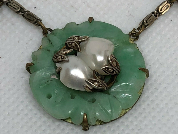 Chinese Jade, Baroque Pearls, Necklace, Earring Set, Sterling Silver, Republic