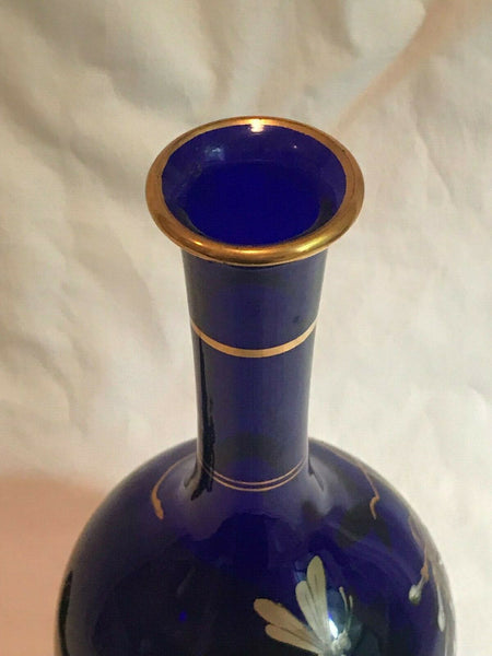French Baccarat Cobalt Blue and Enameled Decanter. Victorian. Paper Label.