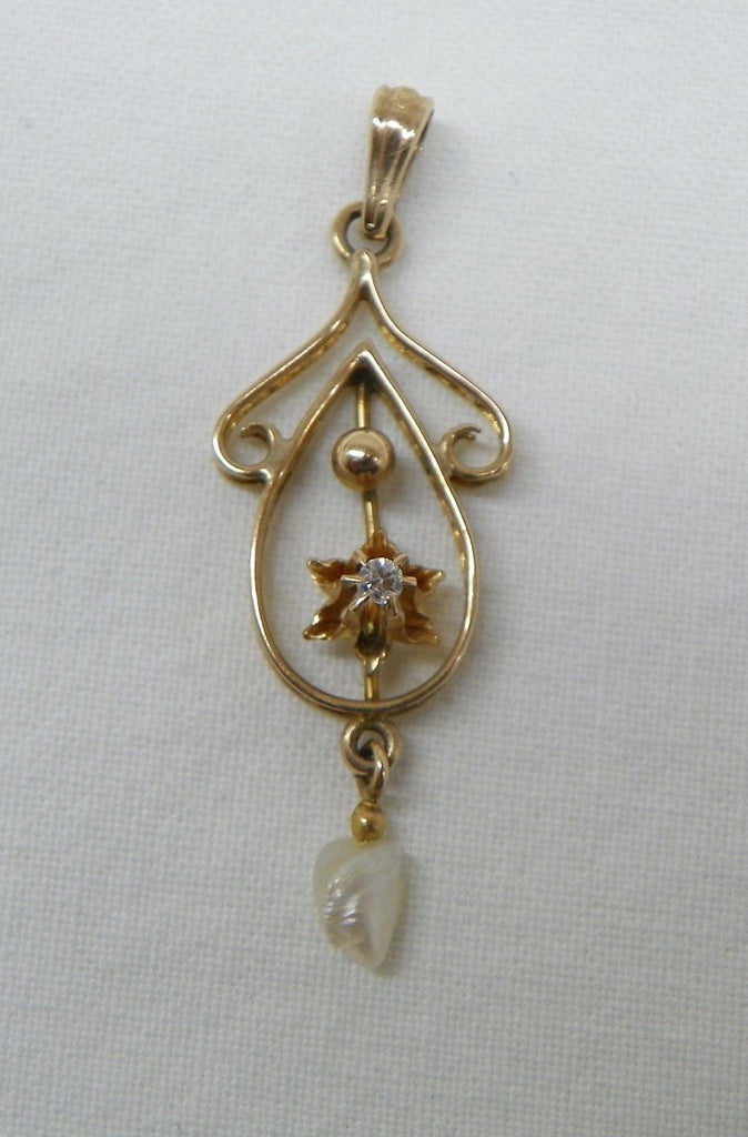 Lavalier Pendant. 10k Yellow Gold, .02 Diamond, and Small Pearl Drop