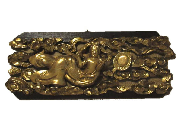 Carved and Gold Leaf Temple Carving Wall Plaque. Guan Yin. Japanese Edo Period.